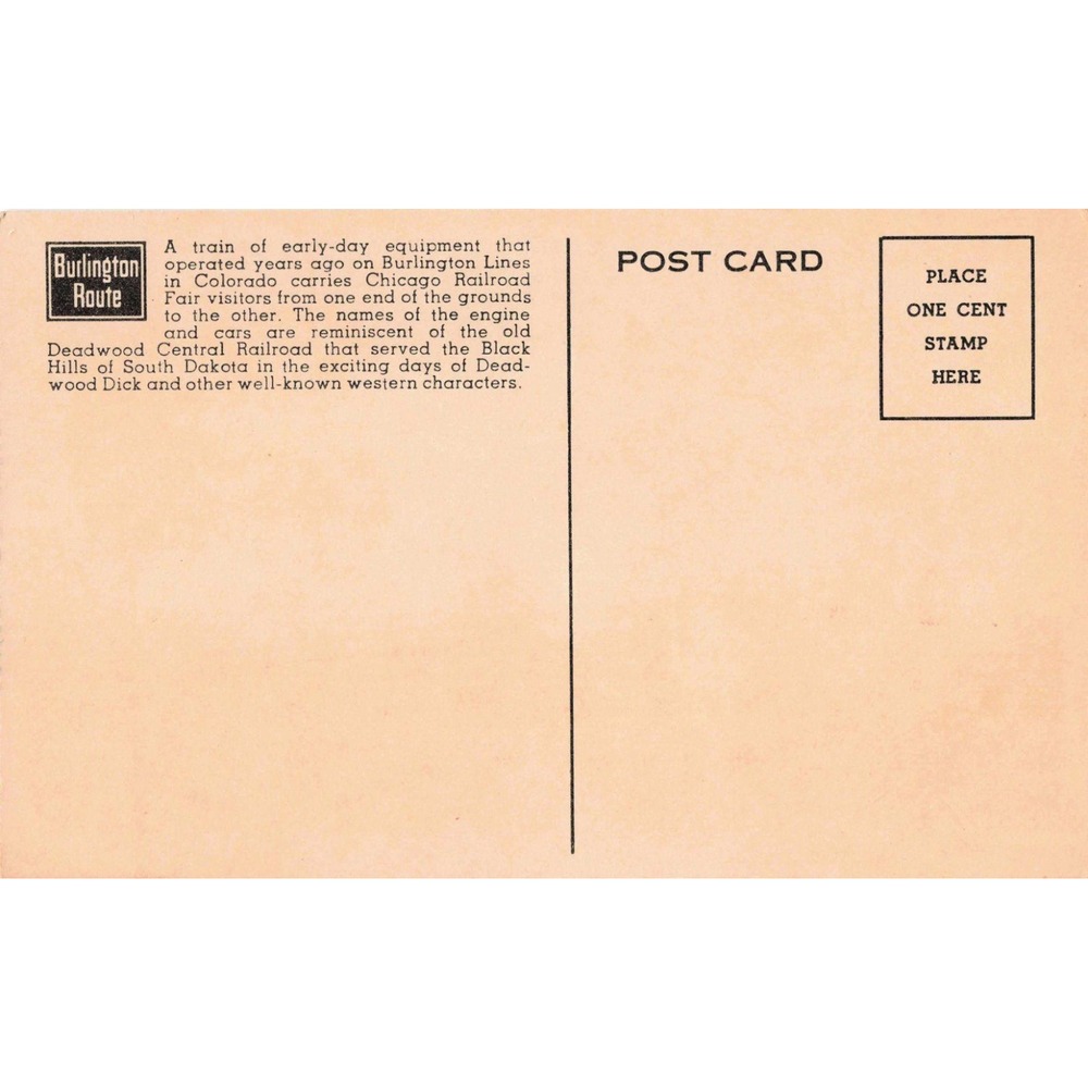 Vintage Chicago Railroad Fair Postcard Narrow-Gauge Deadwood Central Train - Picture 2 of 2